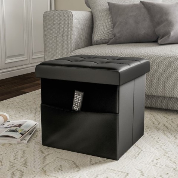 Hastings Home Foldable Storage Cube Ottoman with Pocket, Tufted Faux Leather Footrest Organizer for Bedroom, Black 518848OCS